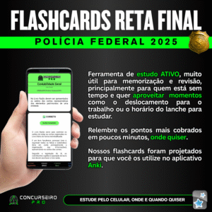 Carrinho Concurseiro PRO FLASHCARD são pequenos cartões usados para fins de estudo e revisão de conteúdo, geralmente com uma pergunta ou conceito de um lado e a resposta ou explicação do outro. São uma ferramenta de estudo ATIVO, muito úteis para memorização e revisão, principalmente para quem está sem tempo e quer aproveitar pequenos momentos, como o deslocamento para o trabalho ou o horário do lanche, para estudar. Nossos flashcards foram projetados para que você os utilize no aplicativo Anki. ESTUDE PELO CELULAR!